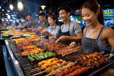 People grilling various meat skewers at a busy night marketの写真素材