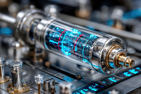 A detailed vintage electronic tube features intricate craftsmanship and glowing blue elements, capturing attention.の素材