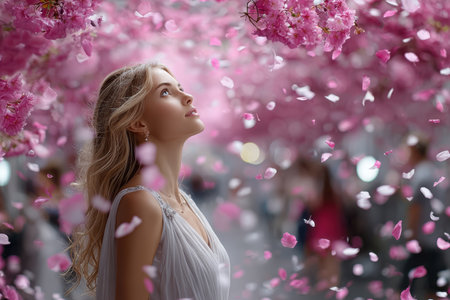 A young woman looks upwards with awe at falling cherry blossom petals in a spring park filled with blooms.の素材