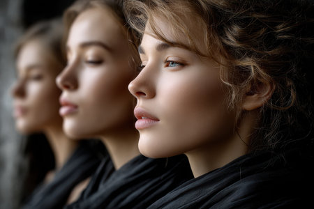 Three young women showcase distinct profiles, displaying calm expressions and dark clothing while indoors.の素材