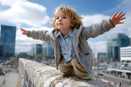 A young child enjoys the thrill of balancing on a ledge, arms wide open, surrounded by a bustling cityscape.の素材