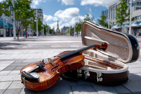 A violin lies on the ground next to its open case on a sunny street during the day in a city.の素材