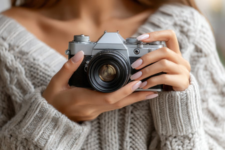 A woman with beautifully manicured nails holds a vintage camera amidst a warm and inviting indoor setting.の素材