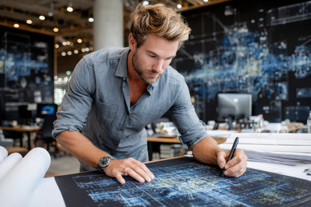 A designer works intently on architectural plans at a sleek office with digital tools and blueprints around.の素材