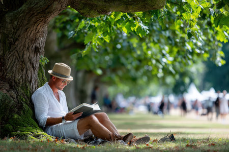A man enjoys reading a book in the shade of a tree at a parkの写真素材