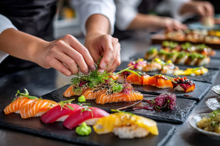 A chef garnishes sushi with fresh herbs in a restaurant kitchenの写真素材