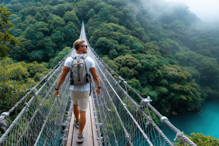 A man strolls across a suspension bridge high above a vibrant turquoise river, framed by dense green trees.の素材