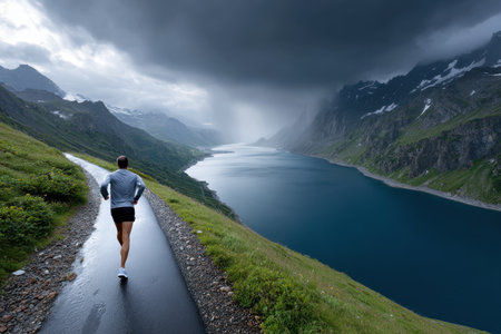 A person runs along a lakeside trail surrounded by mountains, with dark clouds gathering overhead.の素材