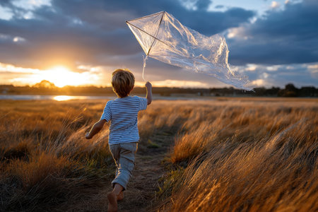 A young boy enjoys flying a kite while running through a grassy field during sunset.の素材