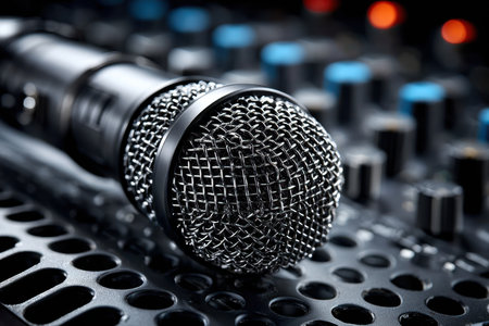 Close-up view of a microphone resting on a mixing console, showing the setup for a recording session.の素材