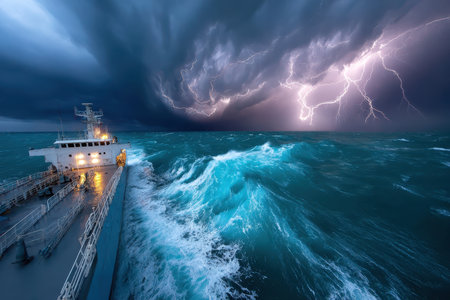 A ship braves rough waves under a dark sky illuminated by lightning during a fierce storm.の素材