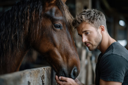 A man gently approaches a horse in a stable, showing their bond and connection in natural light.の素材