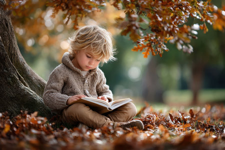 A young child sits beneath a tree, deeply focused on reading a book amid colorful autumn leaves.の素材