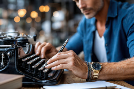A man focuses on typing with a vintage typewriter while sitting in a bustling cafe, enjoying the cozy atmosphere.の素材