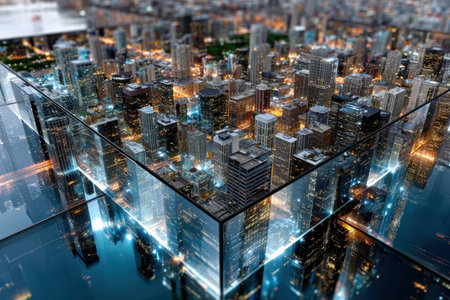 Vibrant city lights illuminate the skyline at night, reflecting off glass buildings in a bustling urban environment.の素材