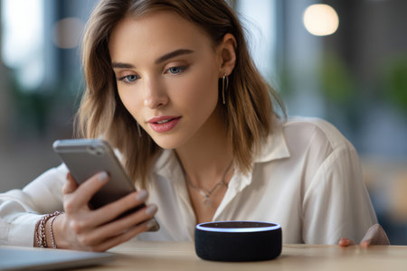 A young woman interacts with her smartphone at a table near a smart speaker, focusing intently.の素材