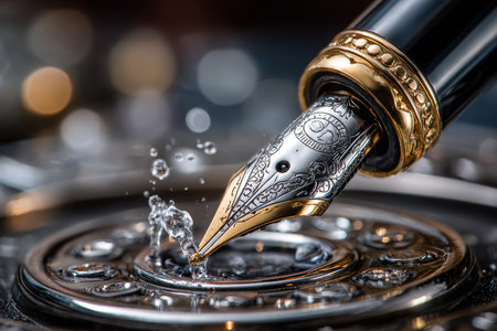 The intricate nib of a fountain pen creates small splashes in a refined environment, showcasing craftsmanship.の素材