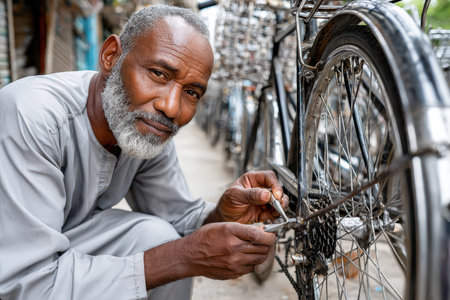 An experienced mechanic meticulously fixes a bicycle in a bustling market, showcasing his craftsmanship.の素材