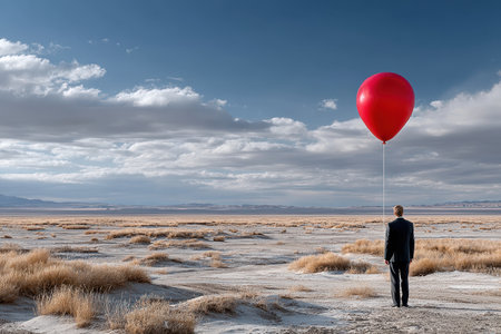 A man stands alone in a desolate landscape, holding a bright red balloon against a backdrop of clouds.の素材