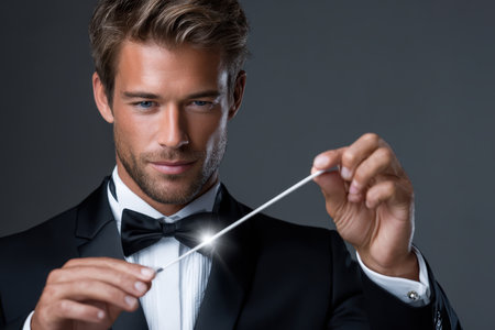 A handsome magician in a tuxedo captivates the audience while performing a mesmerizing trick.の素材