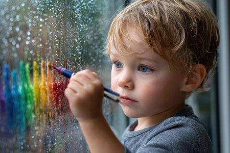 A child with curly hair draws vibrant colors on a misty window while rain falls outside.の素材