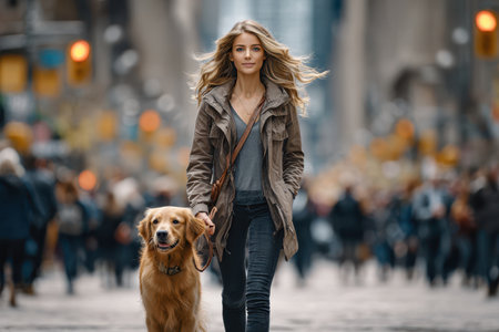 A young woman in casual attitude strolls with her golden retriever in a bustling city area on a clear day.の素材