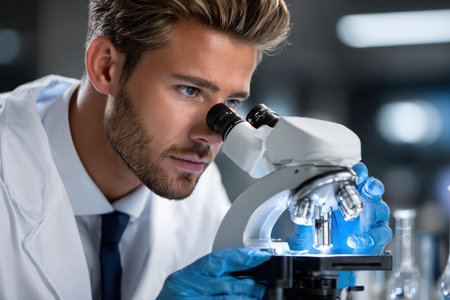 A dedicated scientist analyzes microscopic samples in a well-equipped lab, focusing intently on his work.の素材