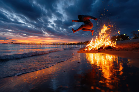 A person leaps over a bonfire on the beach as the sun sets, creating a vibrant atmosphere with reflected light.の素材