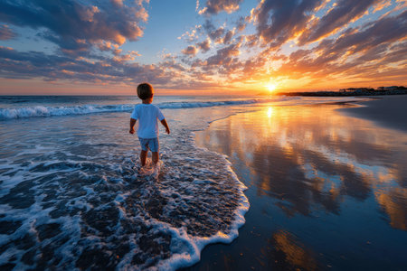 A young child stands at the water's edge, gazing at the vibrant sunset over the ocean, reflections on the sand.の素材