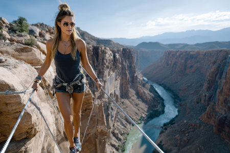 A woman carefully traverses a narrow rope bridge overlooking a breathtaking canyon and river at sunset.の素材