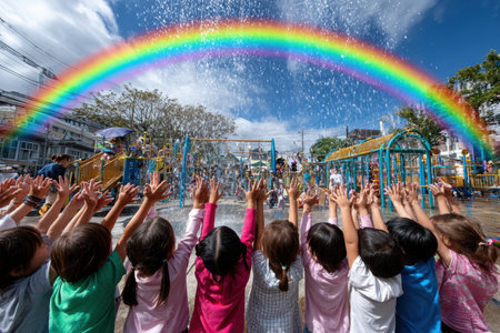 A group of children, in a colorful playground, feeling joyful, under bright, sunny lighting, shot with a telephoto lens, as a rainbow appears in the skyの素材