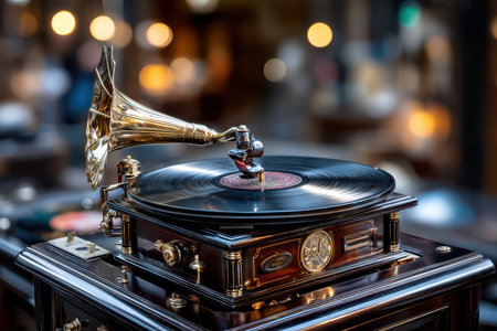 A close-up of a vintage gramophone, under soft, ambient light, shot with a macro lens, evoking a sense of nostalgia and music historyの素材