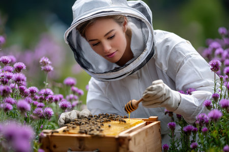 A beekeeper carefully inspects honeycomb while surrounded by vibrant flowers in a sunny field.の素材