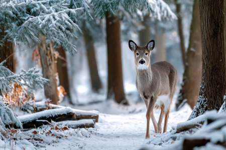 A white-tailed deer stands in a snowy forestの素材
