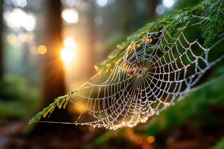 A dew-kissed spider web in a forest at dawn, shot with natural light and a macro lens, with a surprise element of a rare insect trapped in itの素材