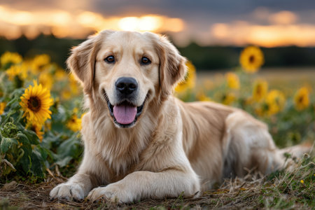 A golden retriever playing in a field of sunflowers during sunset, capturing joy and freedom, soft natural backlighting, shot with a wide-angle lens, where the dog suddenly finds a hidden toyの素材