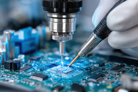 Gloved hands use tools to solder components onto a circuit boardの素材