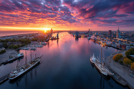 Aerial view of a harbor at sunrise with ships and industrial cranesの素材