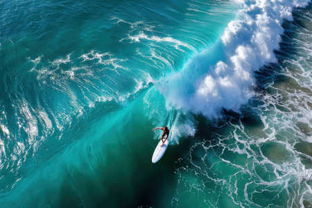 A surfer rides a wave in clear, turquoise ocean waterの素材