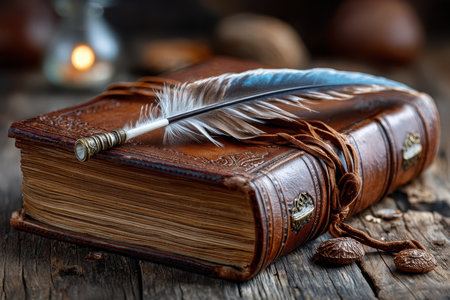 An antique leatherbound book with a quill pen rests on a wooden tableの素材