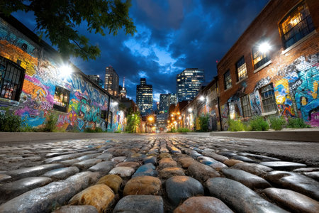 A cobblestone street at night between buildings with graffitiの素材