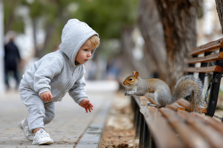 A young child approaches a curious squirrel on a park bench, creating a joyful moment outdoors.の素材
