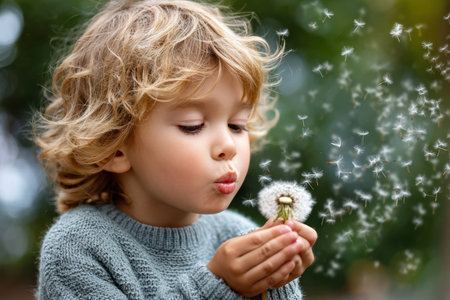 A young child enjoys blowing dandelion seeds in a lush green park, surrounded by nature's beauty.の素材