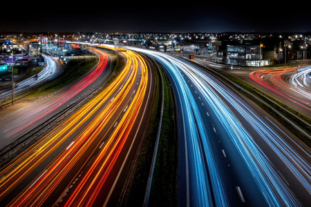 A long exposure shot of a busy highway at night, with streaks of light, capturing the pace of modern lifeの素材