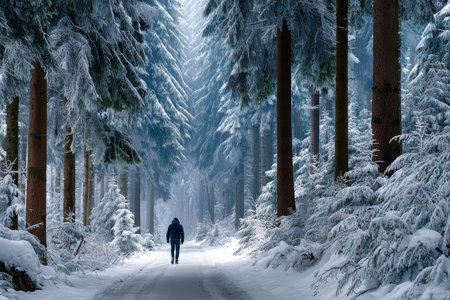 A man walking alone in a snow-covered forest, under soft, diffused light, captured with a telephoto lens, conveying a sense of solitude and introspectionの素材