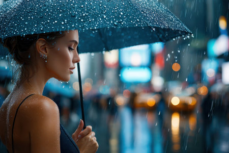 A woman holds an umbrella in a rainy city at nightの素材