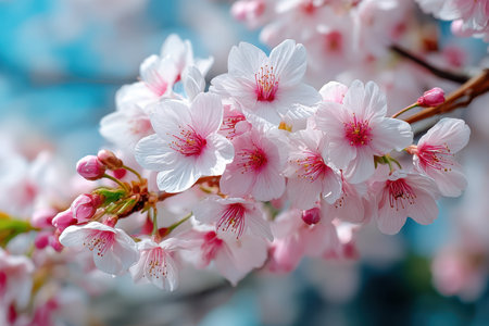 Closeup view of pink cherry blossoms on a branchの素材