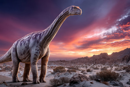 A massive dinosaur towers over a desert terrain during a colorful sunset, showcasing its majestic presence.の素材