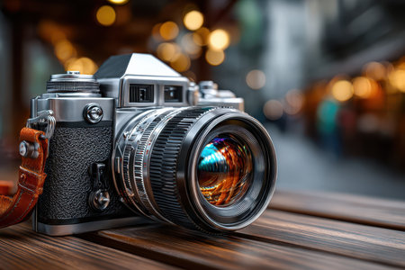 A vintage camera sits on a wooden table with city lights blurred in the backgroundの素材