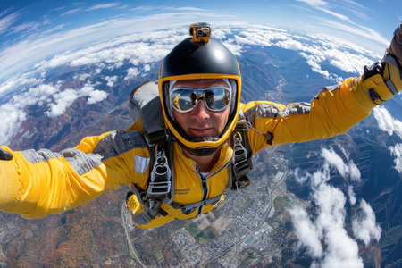 A skydiver takes a selfie high above a colorful autumn landscapeの写真素材
